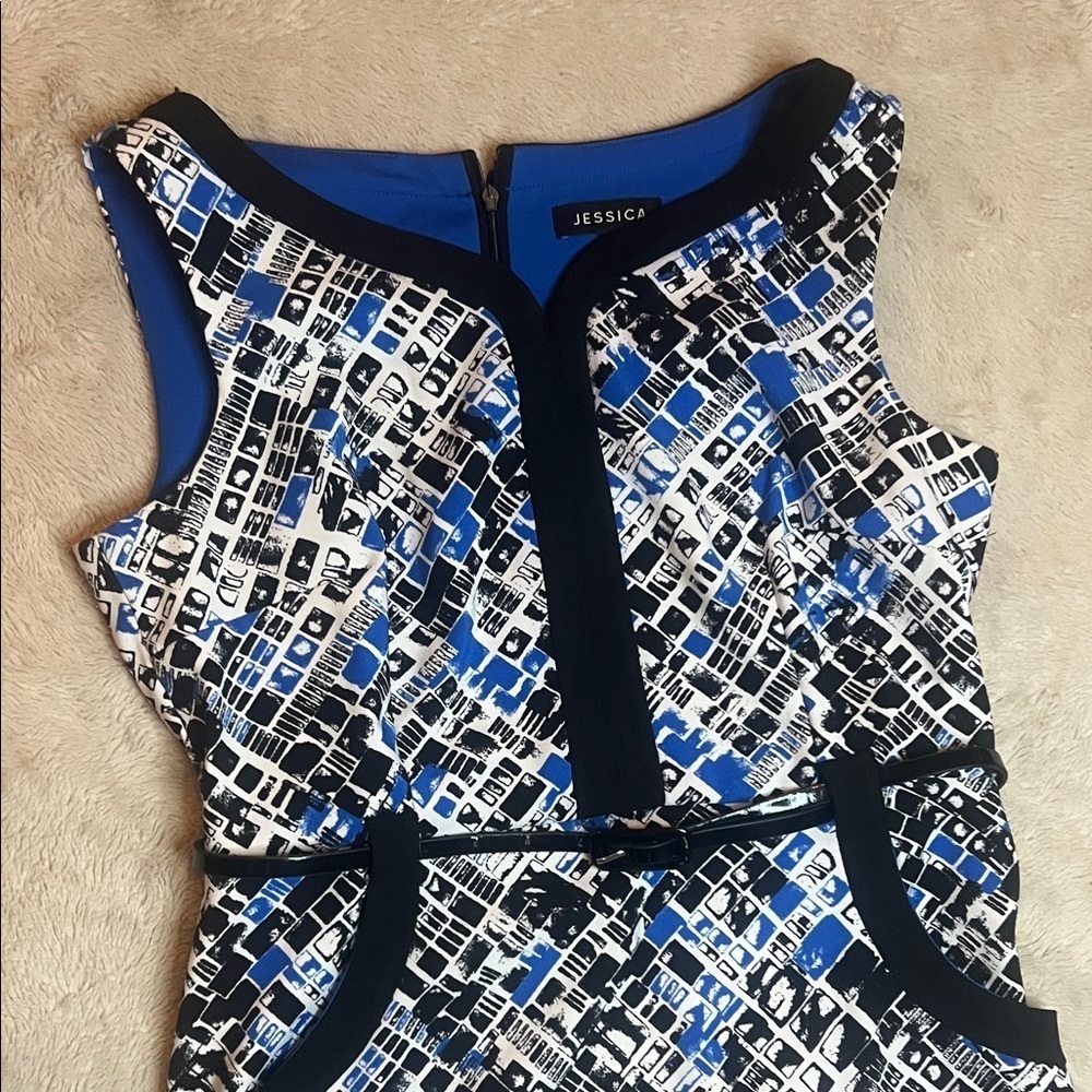 Jessica Abstract Blue and Black Dress with belt sz 10 Petite - Picture 3 of 14